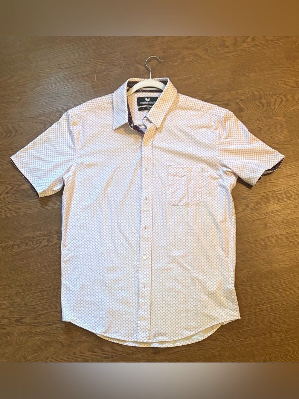 Buttercloth Regular-Fit Short Sleeve Button-Down Shirt in Light Pink Geo - Sz L
